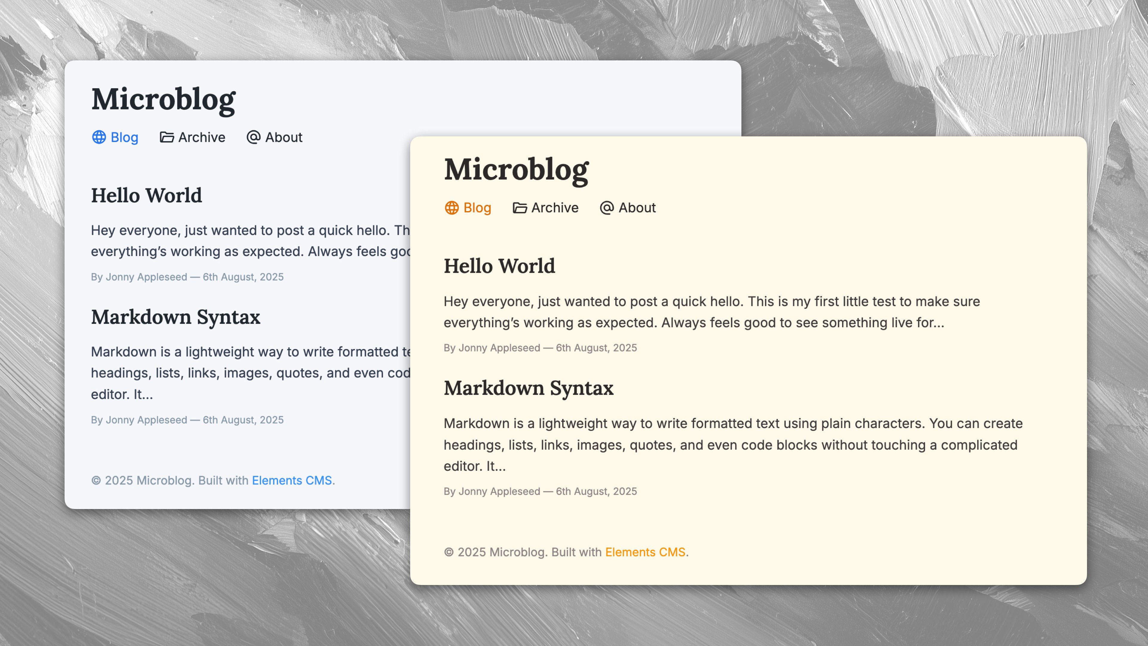 A screenshot of Microblog. A project for RapidWeaver Elements