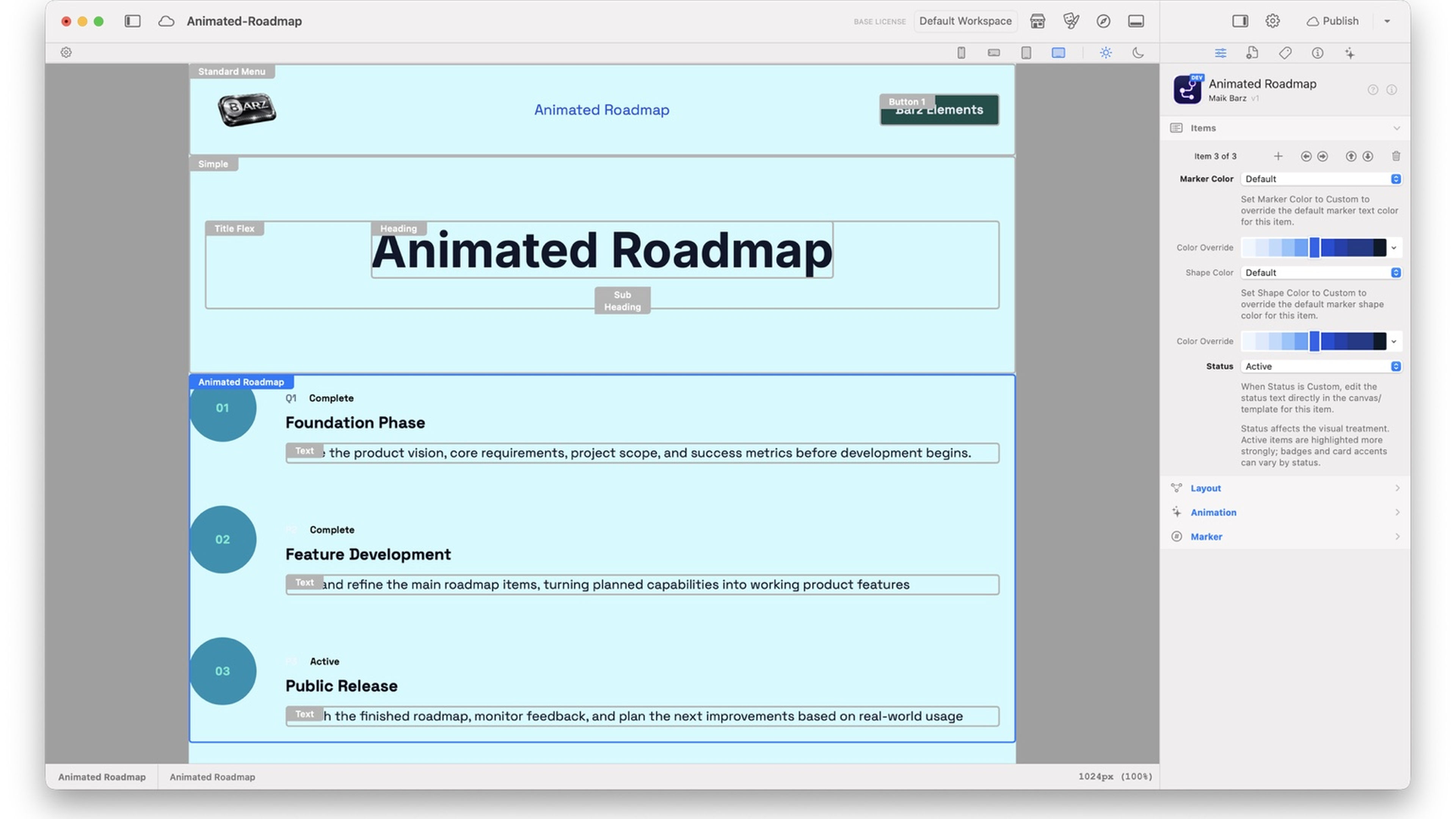 A screenshot of Animated Roadmap. A component for RapidWeaver Elements